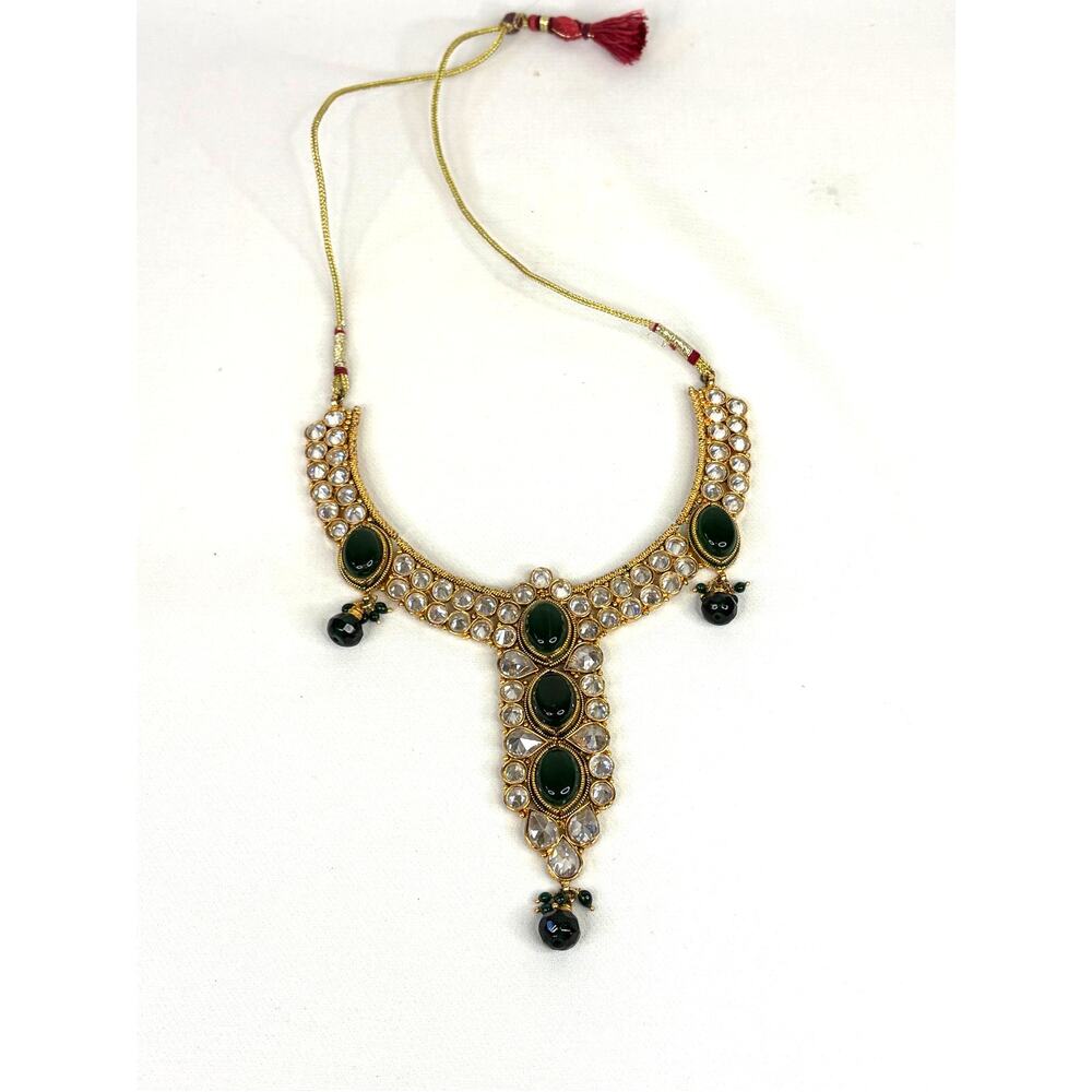 Kundan Bollywood Style Bridal Necklace Gold Tone Green Bling Statement Necklace